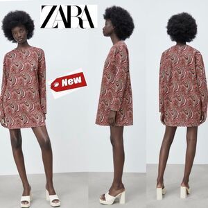ZARA multicoloured jacquard long sleeve round neck mini dress Sz S NWT